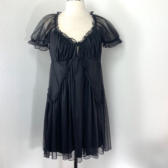 Urban Outfitters Black Lingerie Dress XL Chiffon Puff Sleeve Witch Goth Twilight - Picture 1 of 11